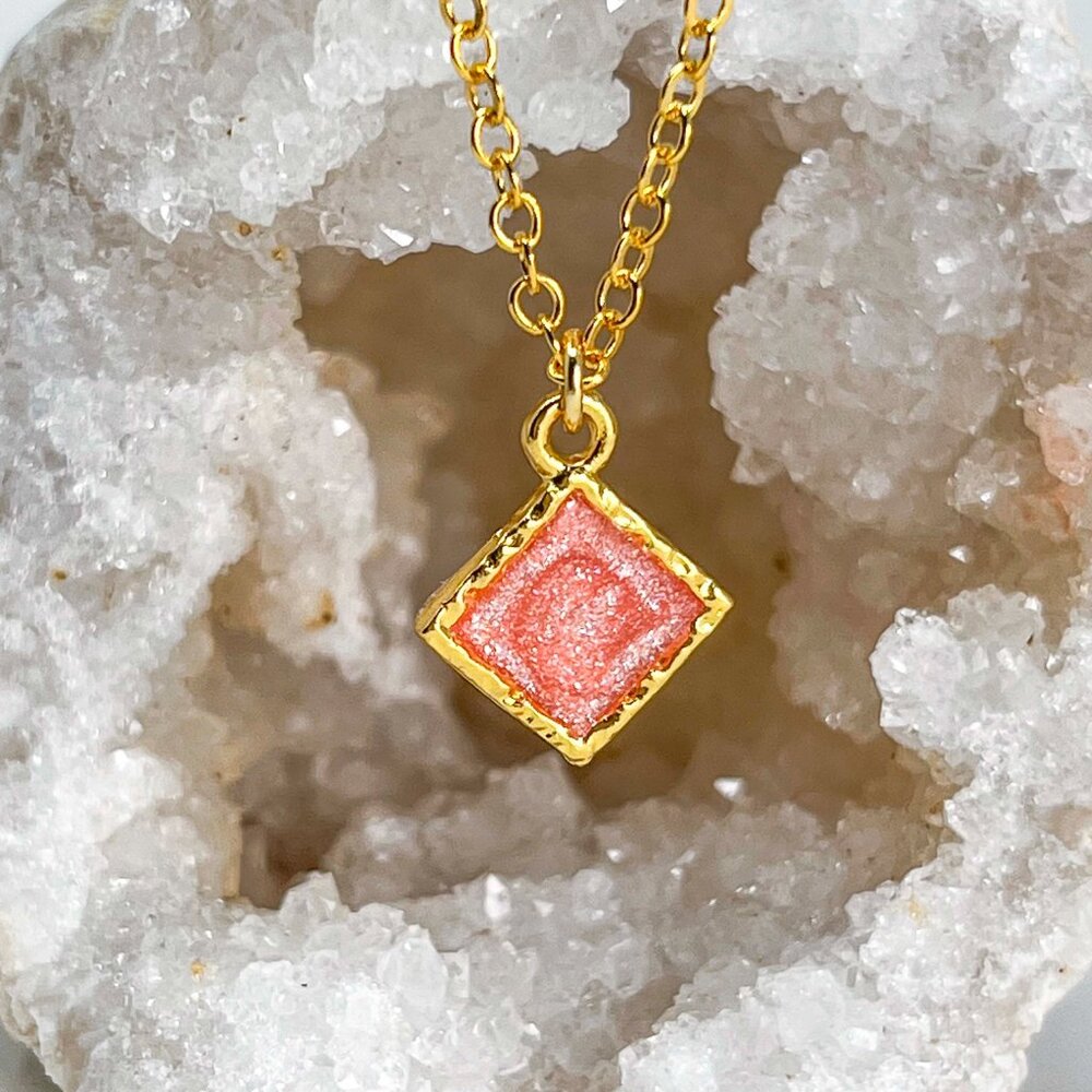3/$20 14k Gold Watermelon Glitter Resin Diamond Handmade Pendant Necklace